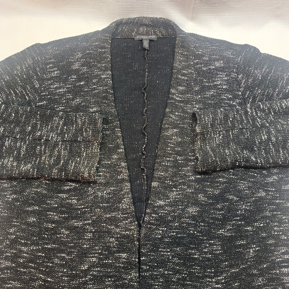 Eileen‎ Fisher Black White Micro Tweed Cotton Open Front Cardigan Sweater Sz 1X